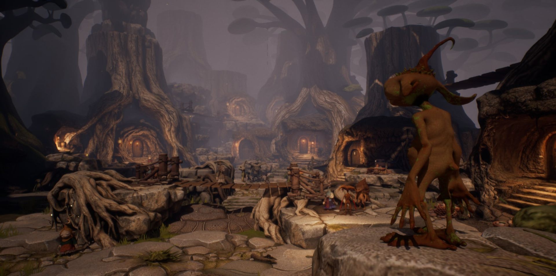 The Wandering Court key art: a misty forest village of gnarled tree-houses and strange spirits